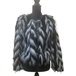 Leith Faux Feather Black/White Leather Trimmed Waist Length XS Jacket